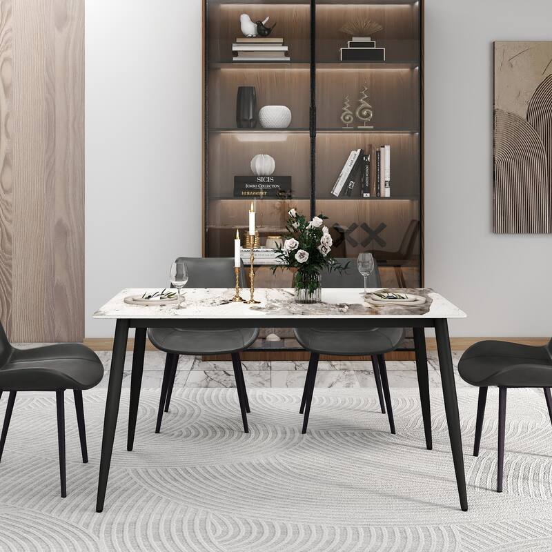 55" Modern Dining Table, White Sintered Stone Tabletop Dining Table with Black Iron Legs