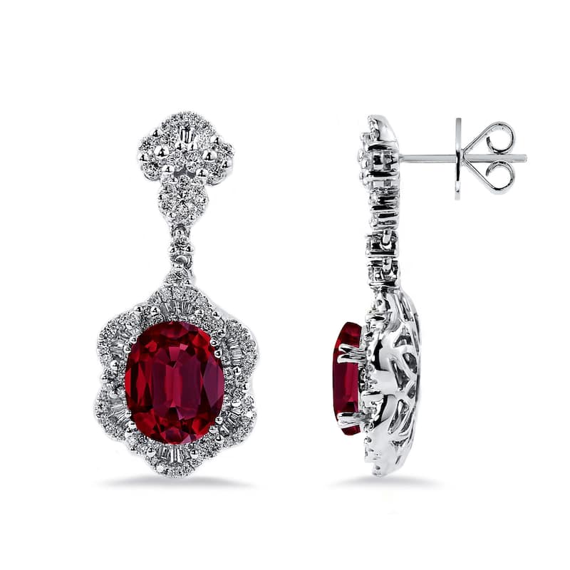 Auriya 5 3/4ct Fancy Oval-cut Red Ruby Halo Diamond Drop Earrings 1 7/8ctw 18k Gold