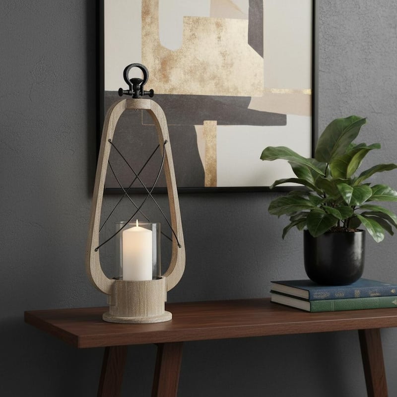 25" Brown Distressed Abstract Solid Wood And Metal Tabletop Lantern Candle Holder - Brown