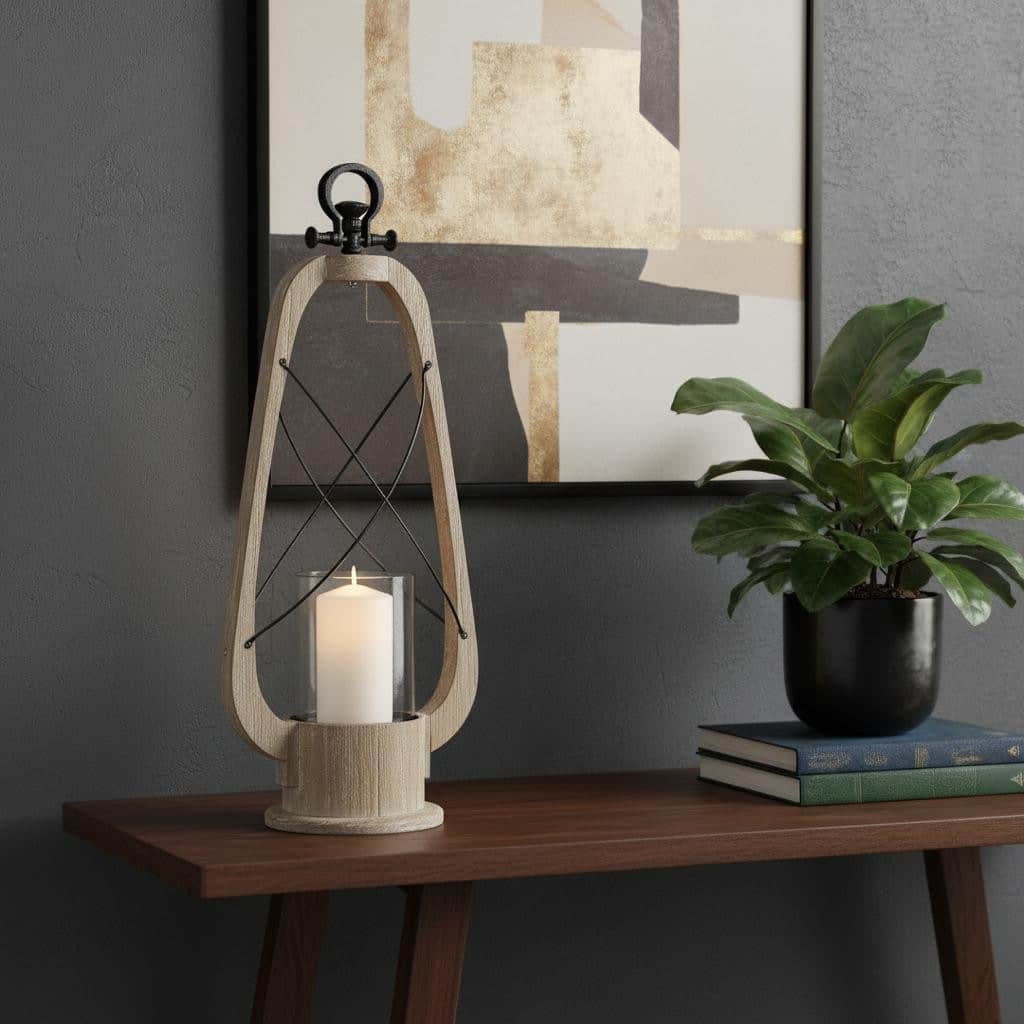 25" Brown Distressed Abstract Solid Wood And Metal Tabletop Lantern Candle Holder
