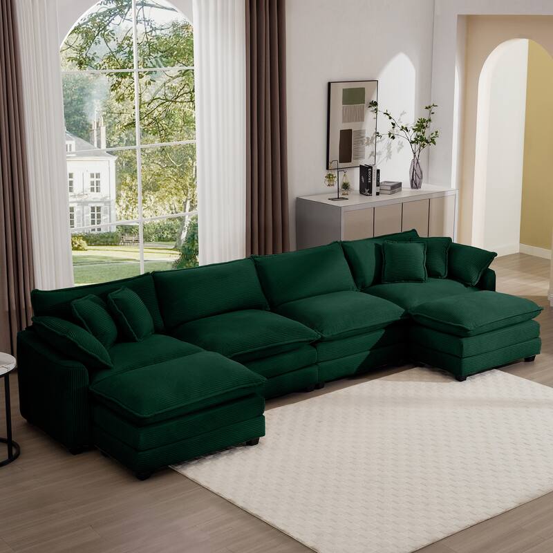 Modern Fabric 4 Seater Modular Sofa Set - Soft Upholstered U-Shape Corduroy Couch with 2 Ottomans for Living Room - Green