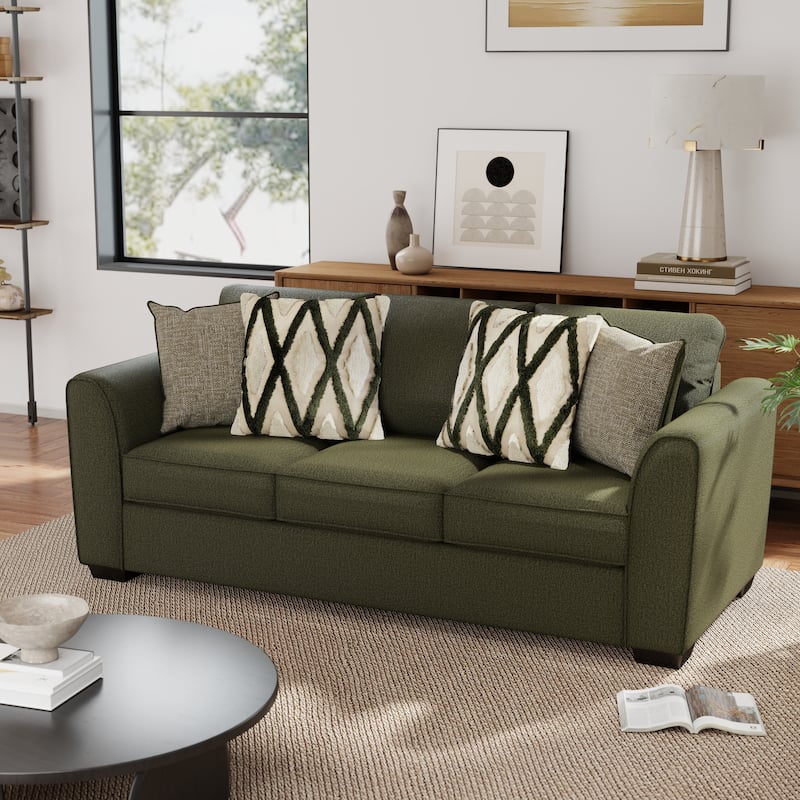 Roundhill Furniture Marvella Living Room Sofa with Mosswood Chenille Upholstery and Textured Accent Pillows - 7'6" x 9'6"