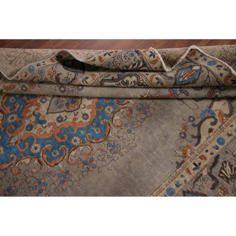 Distressed Tabriz Vintage Persian Rug Hand-Knotted Grey Wool Carpet - 6'6" x 9'7"