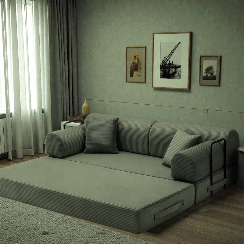 Convertible Sleeper Sofa Bed, 4-in-1 Corduroy Folding Floor Couch with Cylindrical Pillow, 2-Seat Space-Saving Lounge Sofa