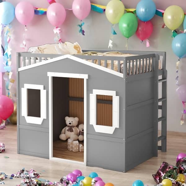 slide 2 of 16, Elegant Twin Size House Loft Bed With Ladder and Guaranteed, Health and Comfort, Sturdy Construction & Unique Design, Gray+White