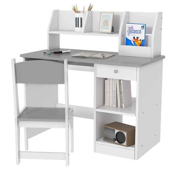 slide 2 of 10, Kids Desk and Chair Set with Storage, Study Desk with Chair for Children 5-8 Years Old, Gray Gray