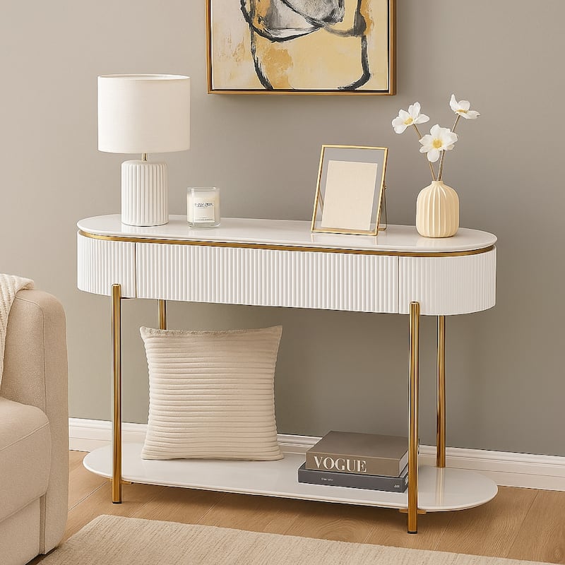 Tyce Sofa Table with Drawer, Shelf, 47 Inch Glossy White, Gold Metal