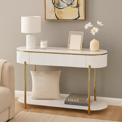 Tyce Sofa Table with Drawer, Shelf, 47 Inch Glossy White, Gold Metal