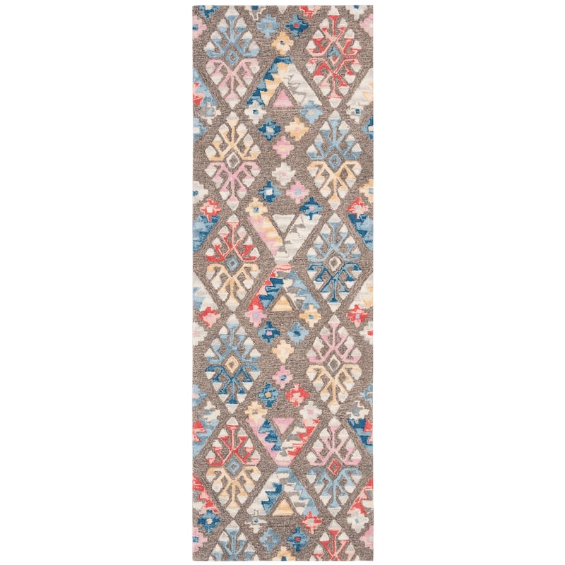 SAFAVIEH, Handmade Micro-Loop Anastazie Wool Rug - 2'3" x 7' Runner - Grey/Blue