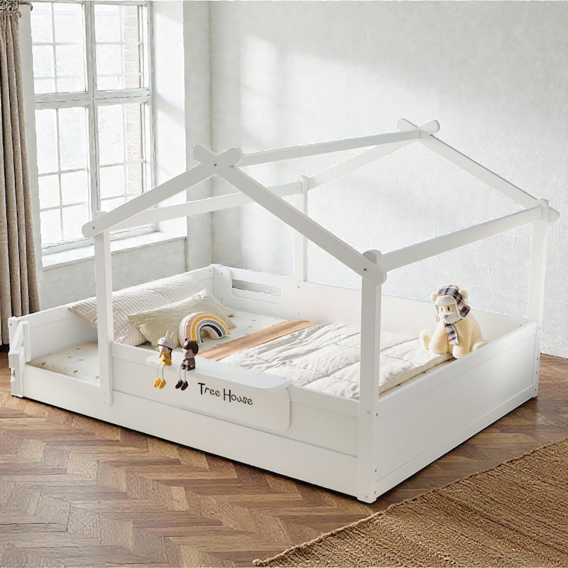 Kids House Floor Bed with Guardrails and Roof, Built-in Tray and Signboard, Montessori Floor Bed for Toddlers