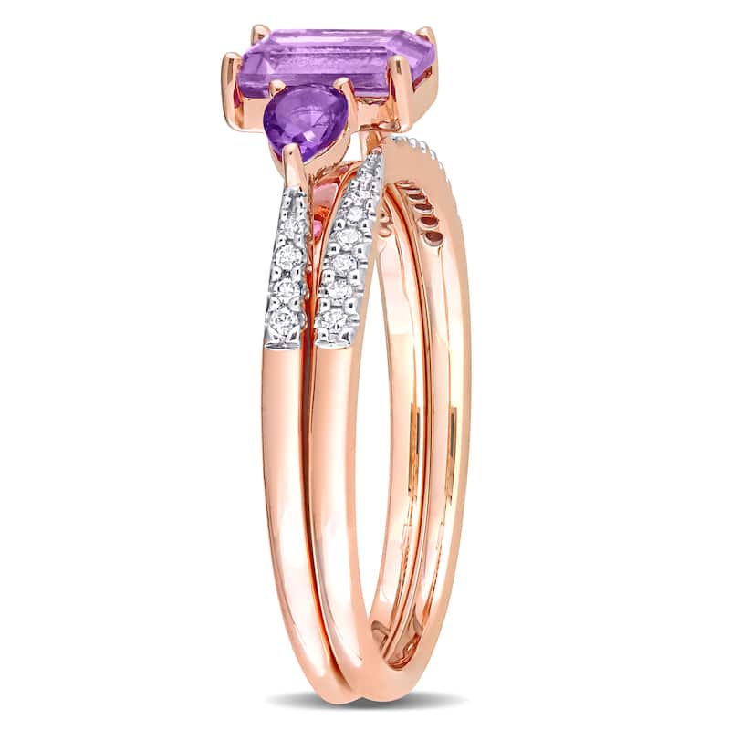 Miadora 10k Rose Gold Rose de France African Amethyst & 1/10ct TDW Diamond 3-Stone Bridal Ring Set