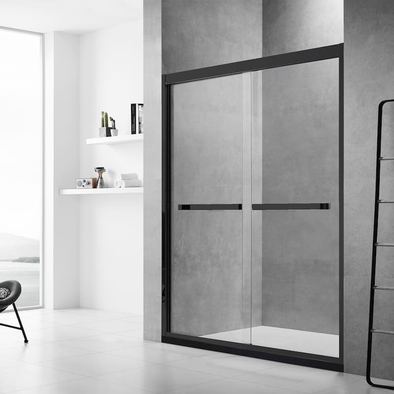 Frederick 59 in. W x 76 in. H Sliding Semi-Frameless Shower Door in Brushed Nickel with Clear Glass - 60 x 76 - 60 x 76