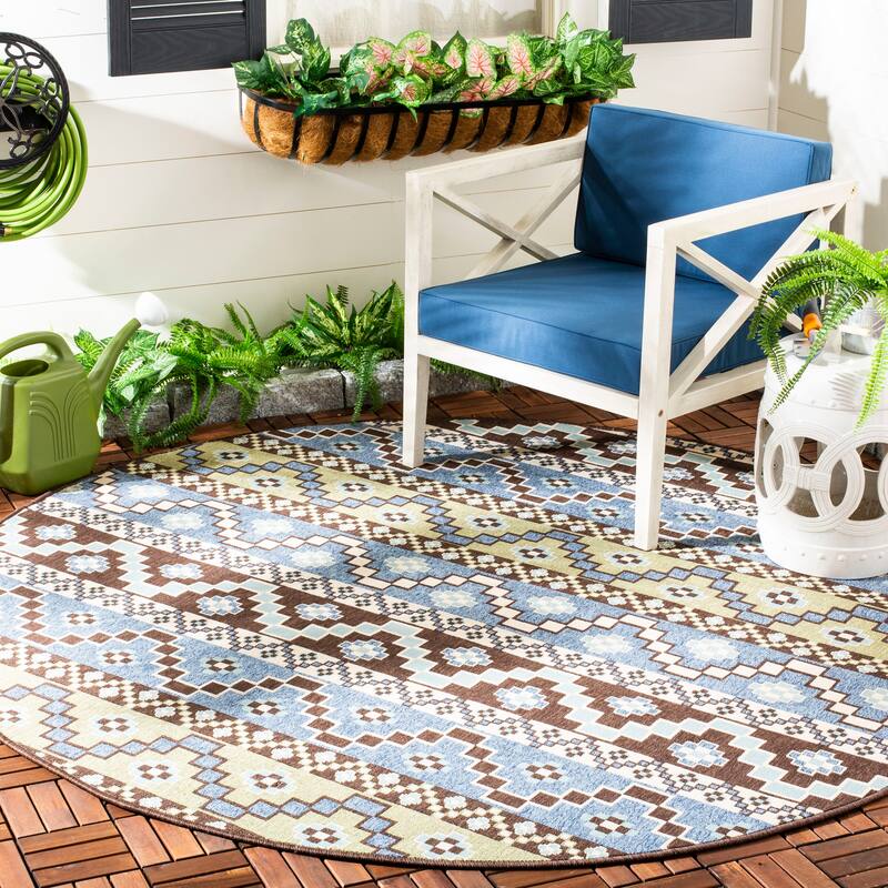 SAFAVIEH Veranda Rudy Indoor/ Outdoor Waterproof Patio Backyard Rug - 6'7" Round - Blue/Creme