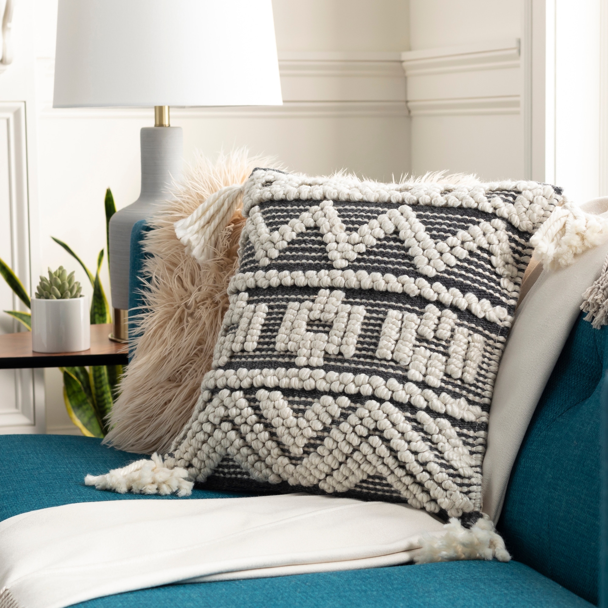 Taber Boho Tassels Wool 18-inch Pillow with Down or Poly Fill