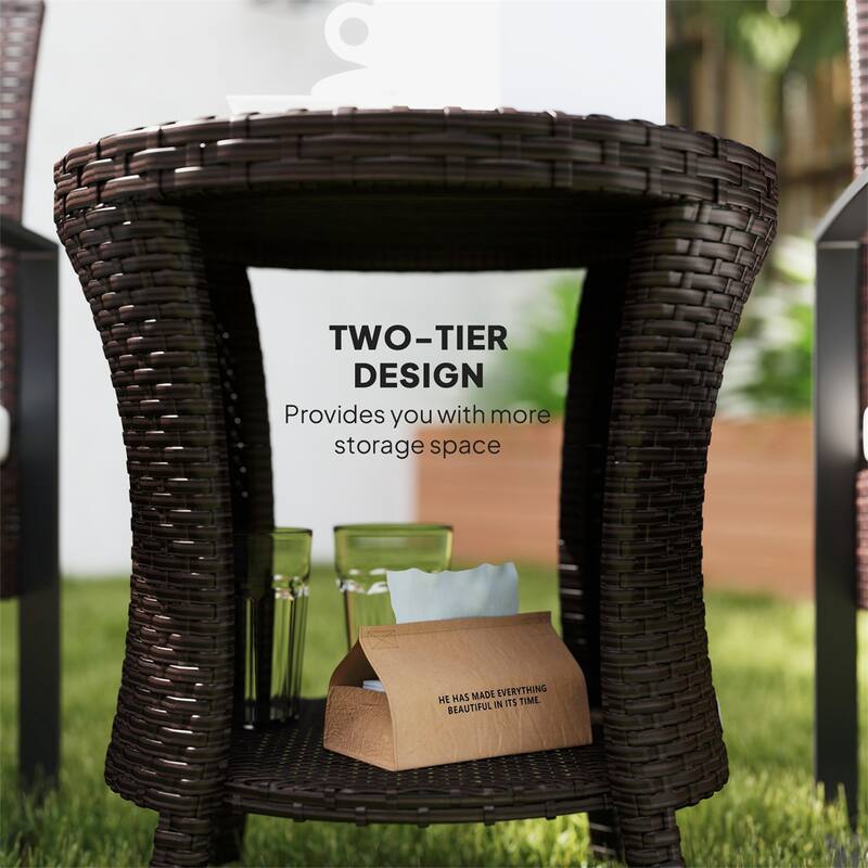 Steel PE Rattan WPC 2-Tier Hourglass Outdoor Side Table - 18.1" Dia. x 19.7" H
