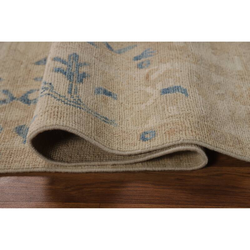 Vegetable Dye Oushak Turkish Rug Hand-Knotted Beige Wool Carpet - 5'0"x 6'7"