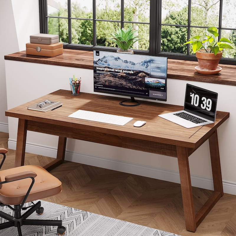 55-In Home Office Executive Desk, Solid Wood Computer Desk with Drawer