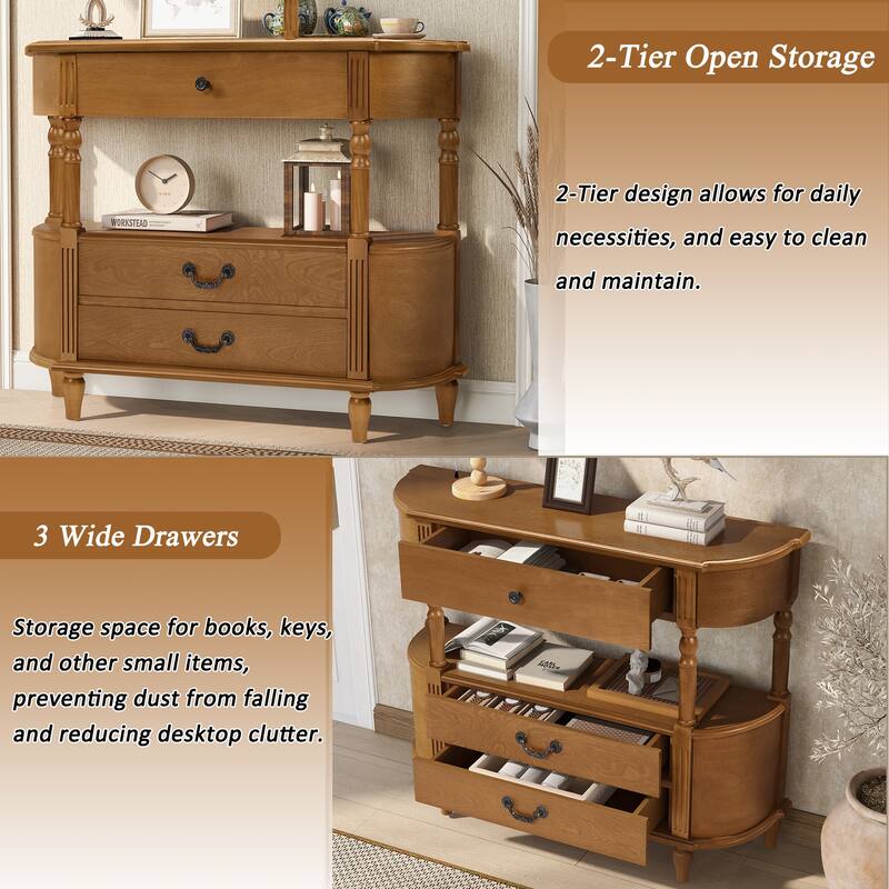 Anmytek 43 Inch Retro Curved Wood Console Table Solid Wood Legs 3 Drawers Storage Shelf Entryway Sofa Table