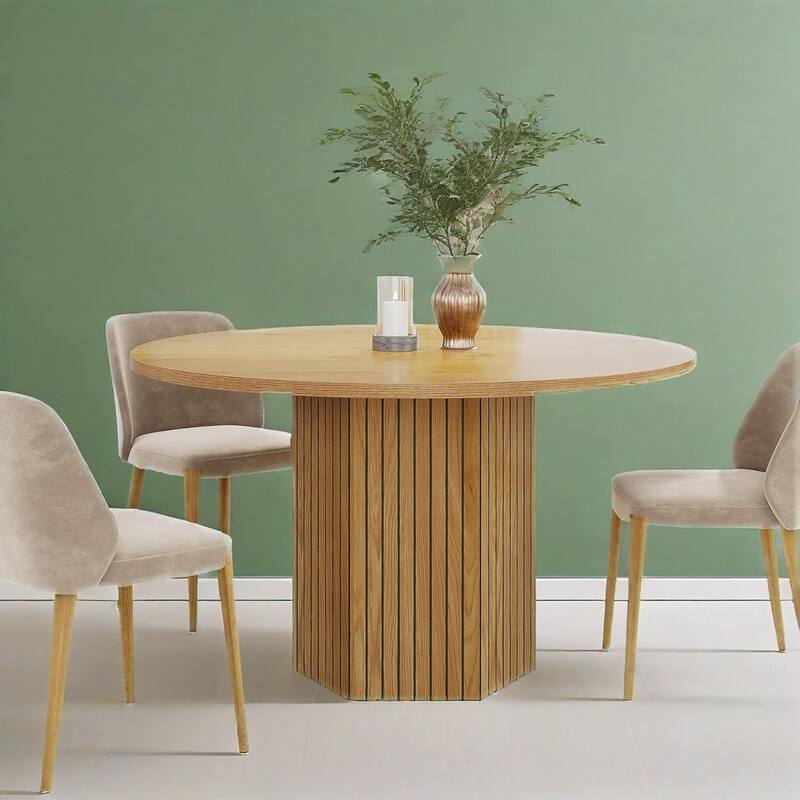 Oak Wood Round Dining Table with Hexagonal Fluted Pedestal Base - 47.25" x 47.25" x 29.5"