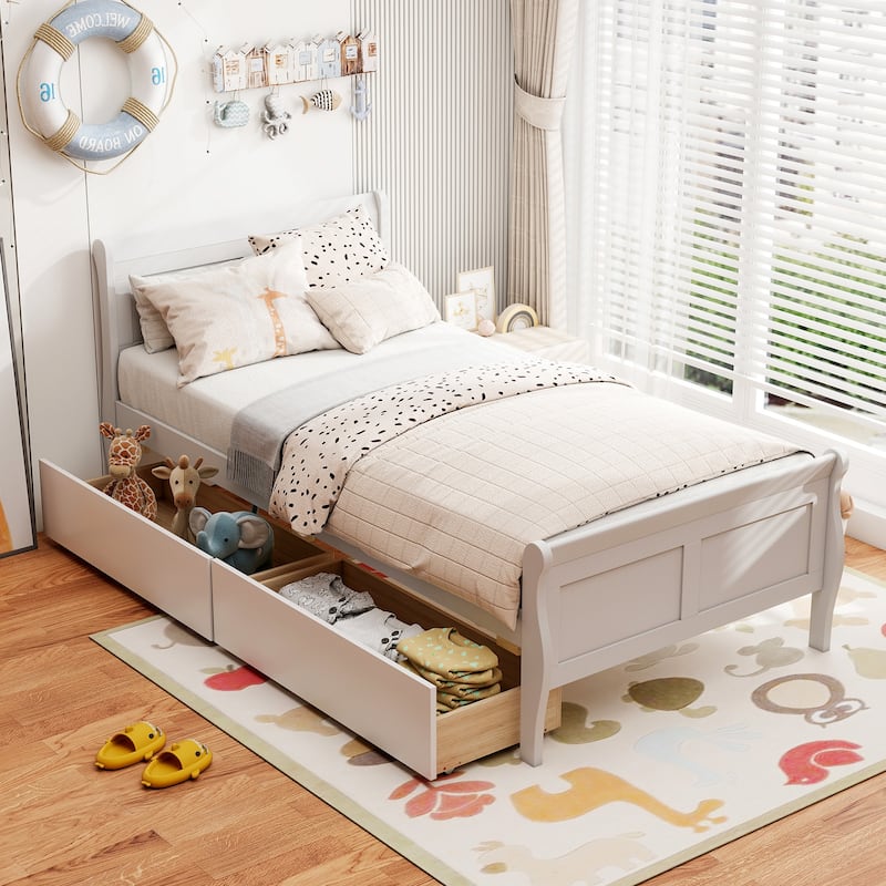 Twin Size Wooden Sleigh Platform Bed with 2 Under-Bed Drawers Included Headboard and Footboard - White