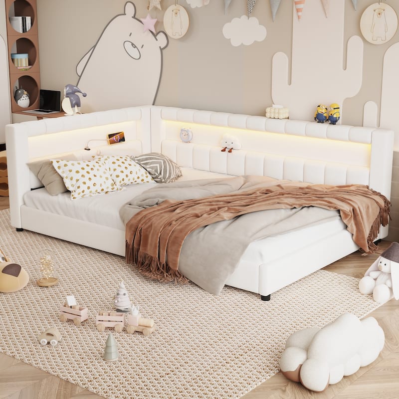 Upholstered Low-Profile Daybed Platform Bed Built-in USB Ports and LED Light Belt, Grounded Design with Padded Backrest
