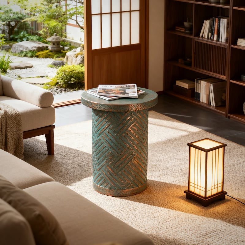 Column-Shaped Modern Round Copper-Green Accent End Table Suitable for Indoor and Outdoor Use - Green