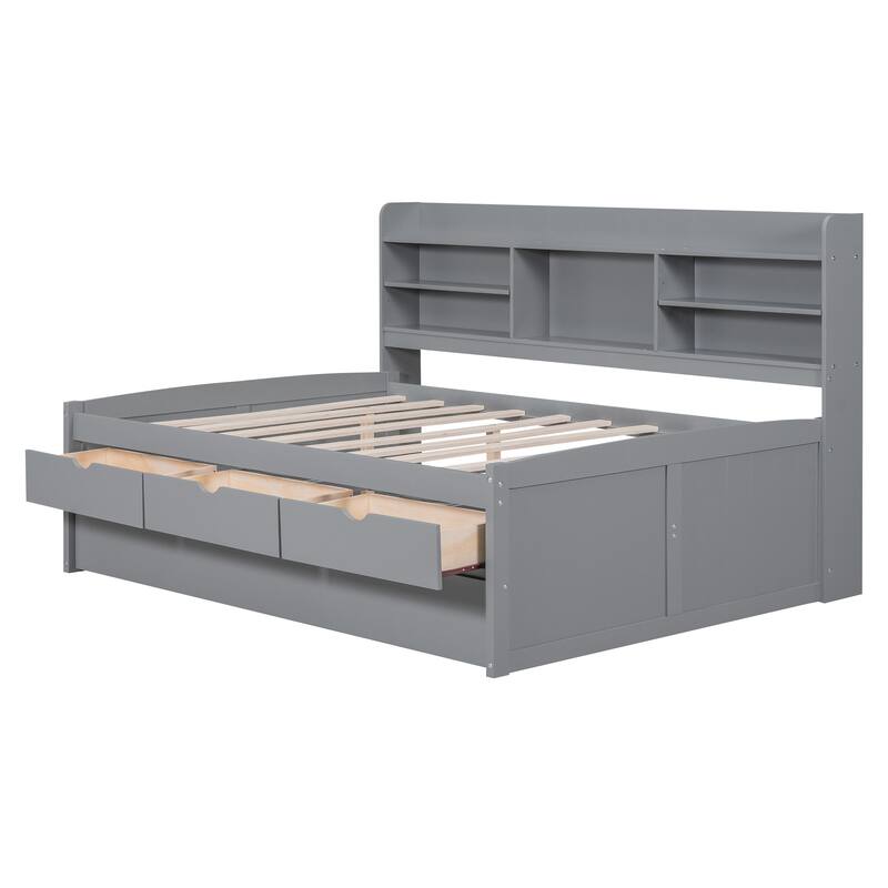 Light Grey Full Size Wooden Captain Bed with Bookshelves, 3 Drawers, Trundle