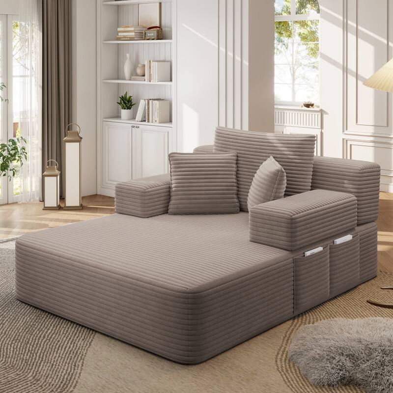 Luxurious Plush Corduroy Chaise Lounge Convertible Sofa Bed with Storage Pocket and Wide Armrests