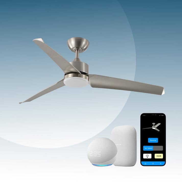 ProMounts All Seasons 52" Ceiling Fan with Light, Quiet, Alexa/Google, 3 Color LED Lights, Reversible, Satin Nickel