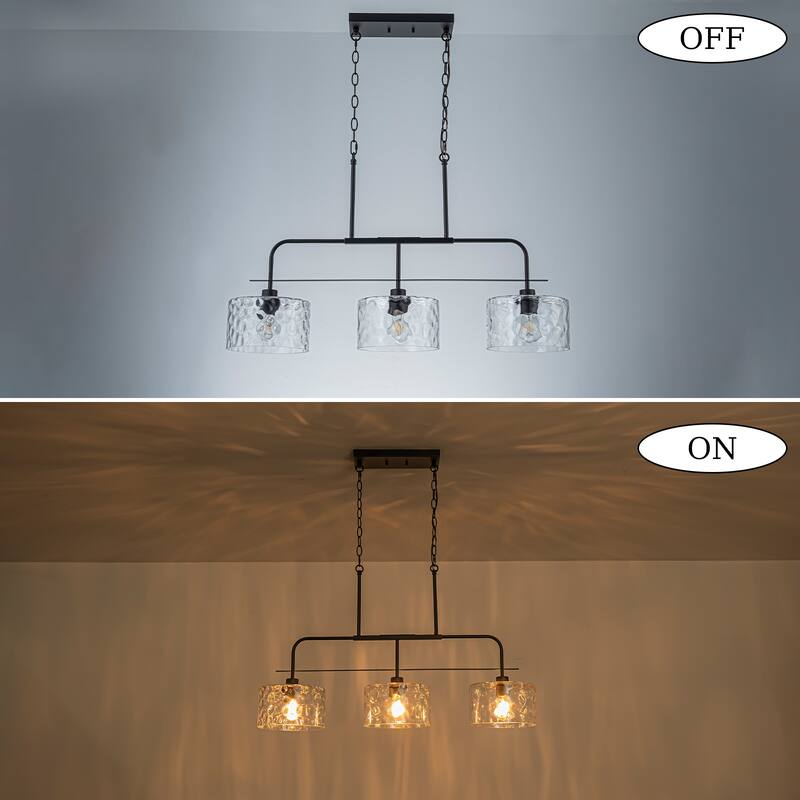 Modern 3-Light Black Pendant Light with Water Ripple Glass Shades for Dining and Living Room