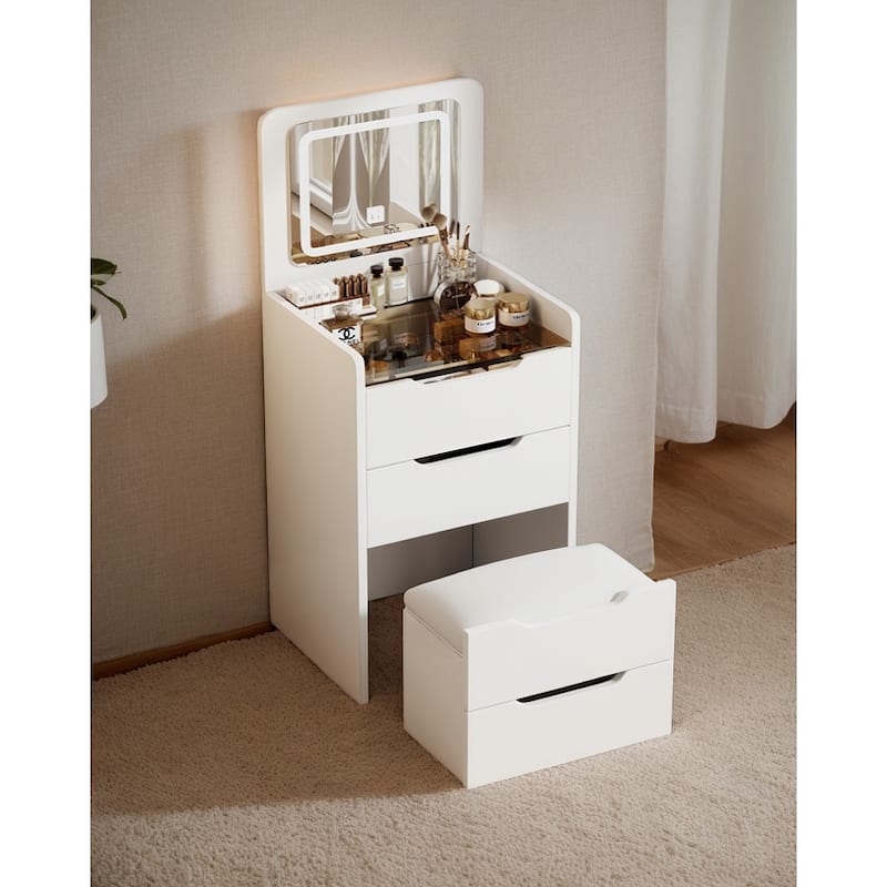 Anmytek White 3 in 1 Vanity Cabinet with Flip Mirror and Stool, Makeup Storage for Small Spaces