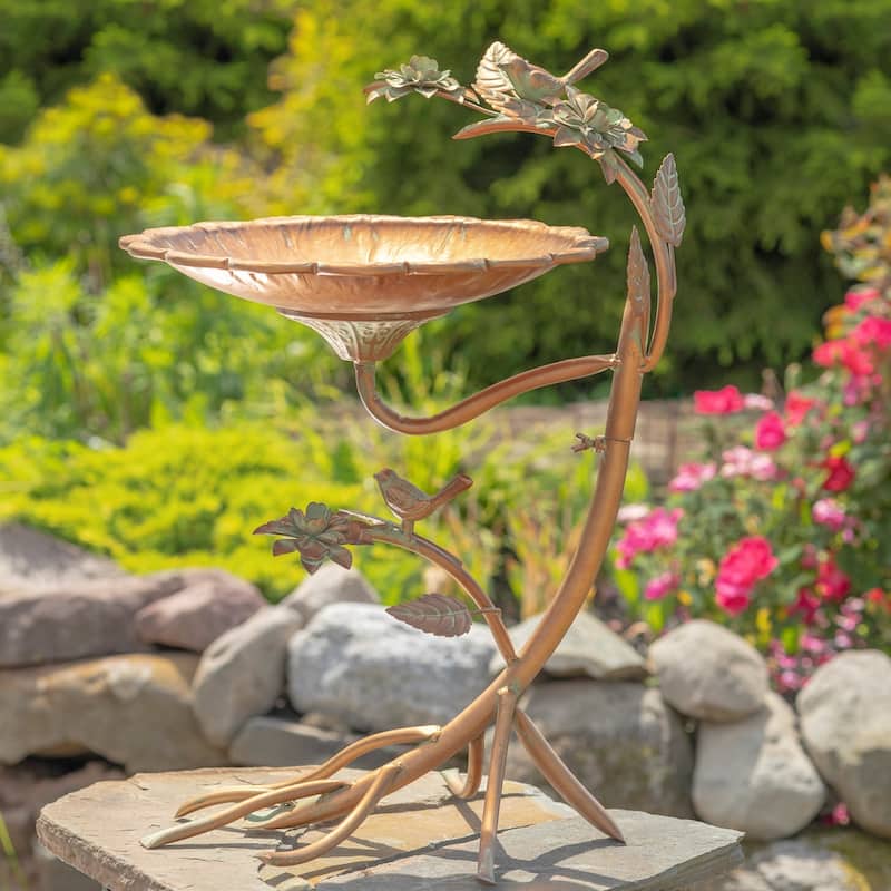 Copper Scallop Edge Birdbath with Branch Stand - 19.75"x16.5"x27"