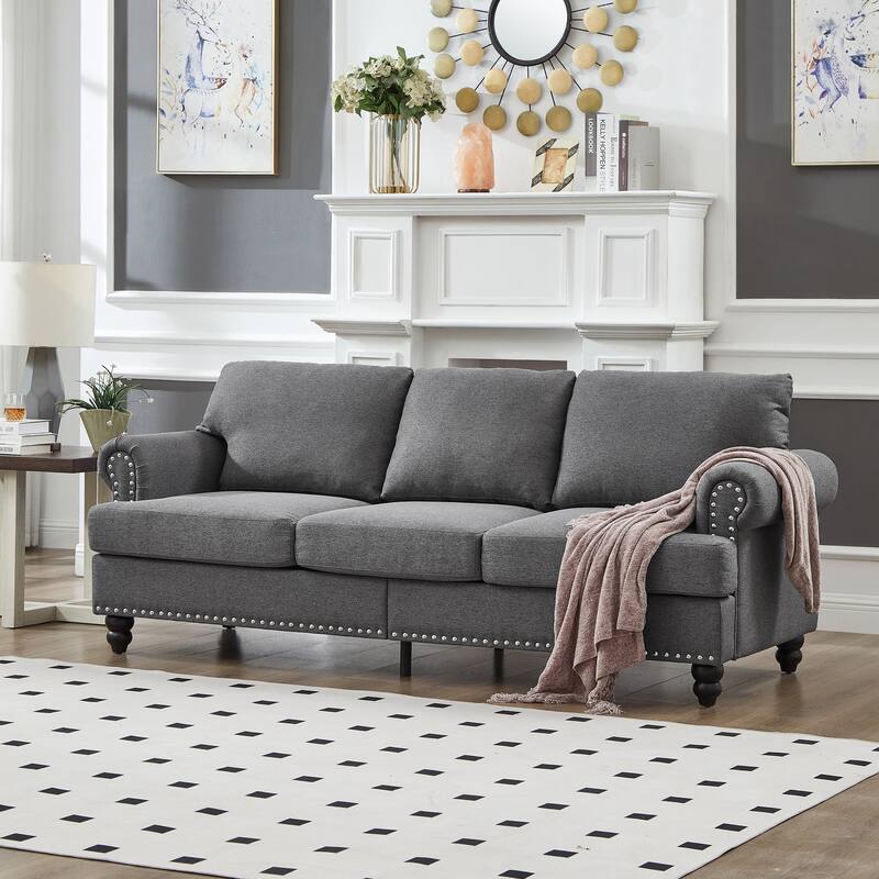 Modern 3 Seater Lounge Couch Deep Seat Upholstered Sofa with Hidden Storage, Round Armrests with Silver Nailhead Trim