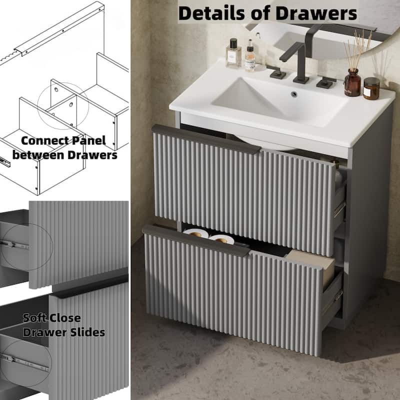 30" Bathroom Vanity with Ceramic Sink and Full-Extension Drawers, Freestanding Bathroom Vanity with Soft Close Drawer Slides