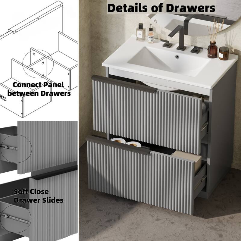 Fluted Bathroom Vanity with Ceramic Sink, Freestanding Vanities Set, Bathroom Storage Cabinet with Full-Extension Drawers