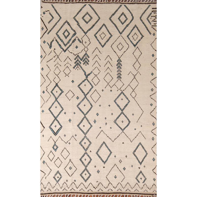 Geometric Ivory Moroccan Area Rug Handmade Wool Carpet - 5'9"x 9'6"