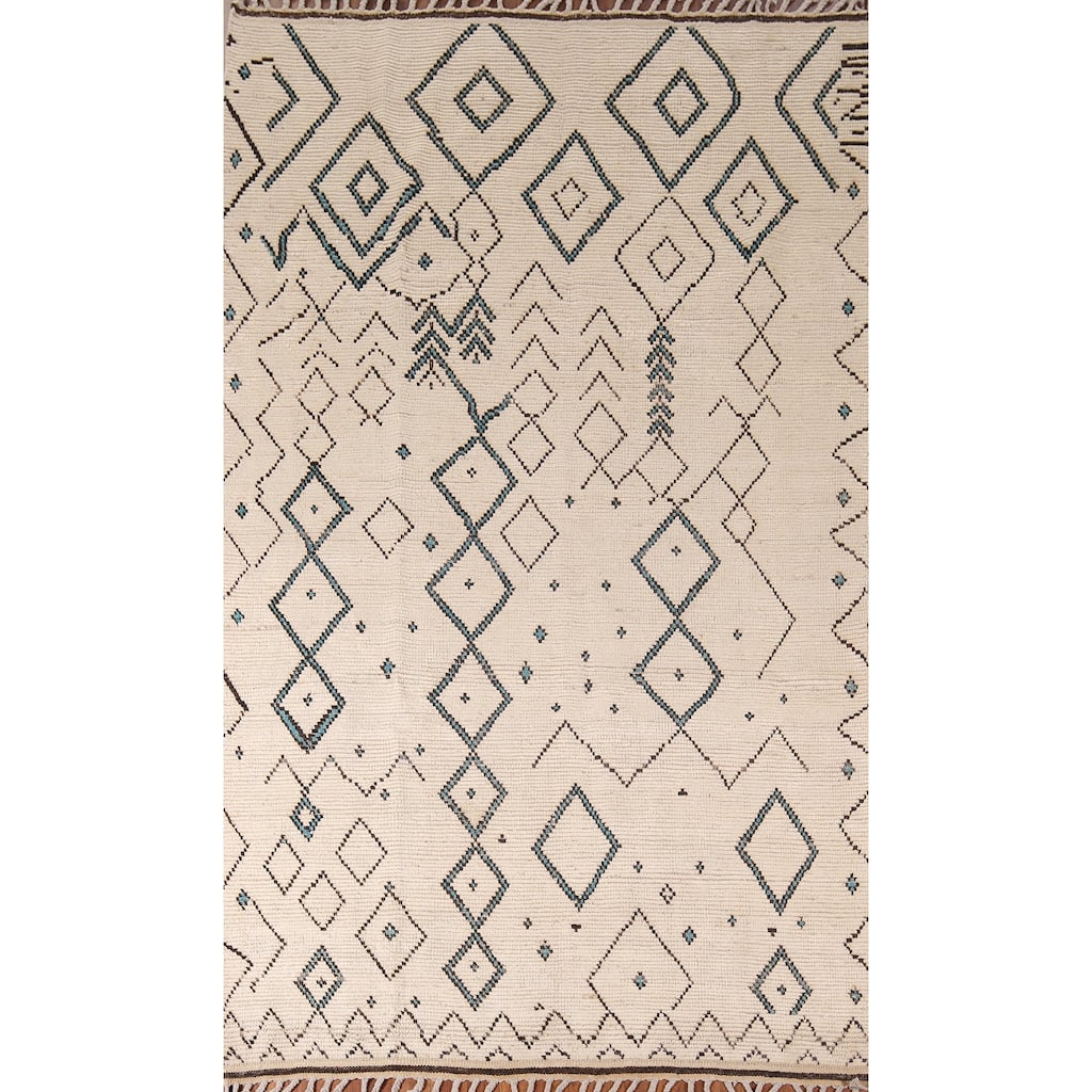 Geometric Ivory Moroccan Area Rug Handmade Wool Carpet - 5'9"x 9'6"