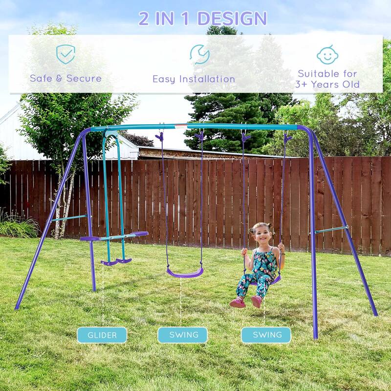 Metal Swing Set with Glider,Two Swing Seats and Adjustable Height,Outdoor Heavy Duty A-Frame Suitable for Playground - Purple