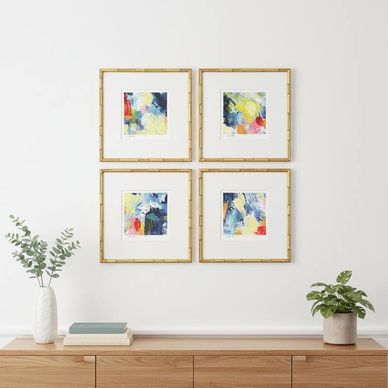 HomeRoots Set Of Four Vibrant Modern Abstract Watercolor Gold Framed Wall Art - 17.00 in. x 18.00 in.  x 2.00 in.