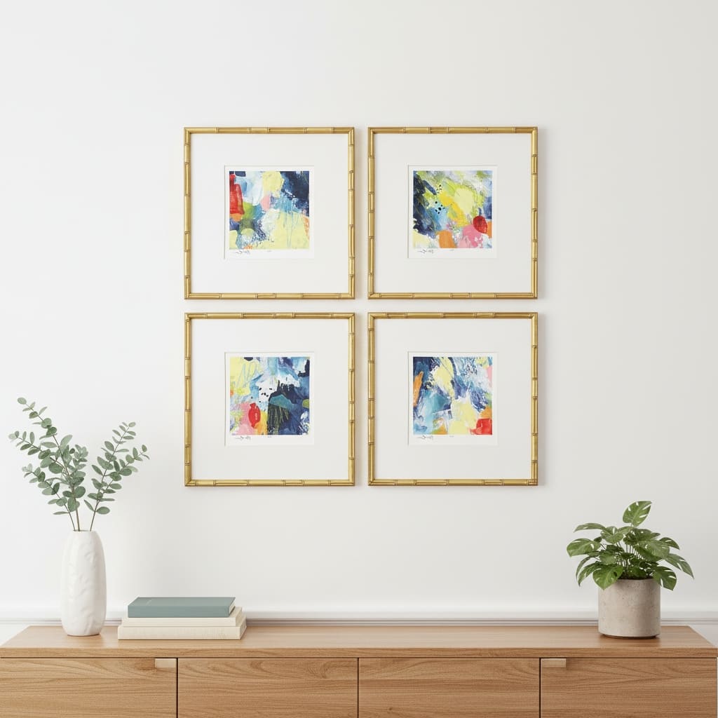 HomeRoots Set Of Four Vibrant Modern Abstract Watercolor Gold Framed Wall Art