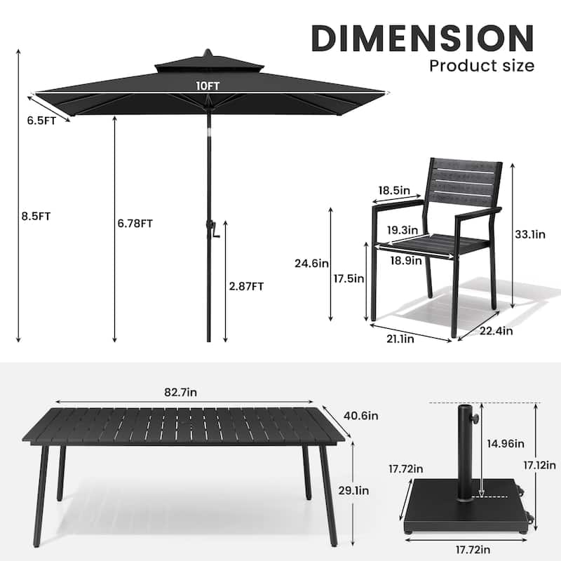11-Piece Outdoor Dining Set 8 Stackable Chairs and Aluminum Table w/ 10 ft Umbrella and Base Stand
