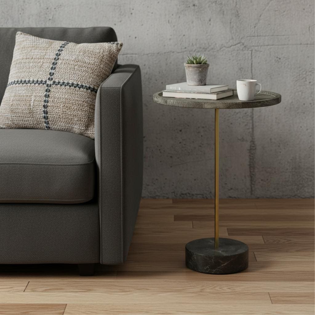 HomeRoots 30" Black And Brown Solid Wood And Marble Round End Table - 20.00 in. x 30.00 in. x 20.00 in.