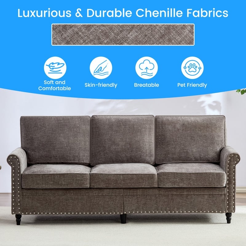 Mixoy Chenille Living Room Sofa,Modern 3-Seater Sofa Couch,Unique Riveted Look