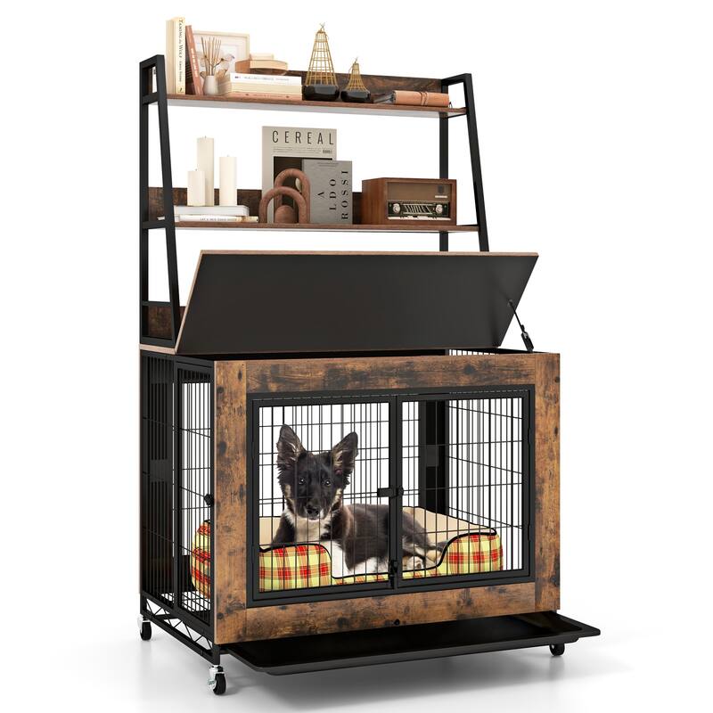 Gymax Dog Crate Furniture w/ Storage Shelves Industrial Dog Kennel w/ - Brown