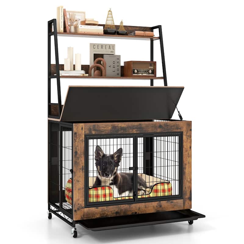 Wooden Dog Crate with Storage Shelves, Tray and Lockable Wheels - 59" x 38" x 25" (L x W x H)