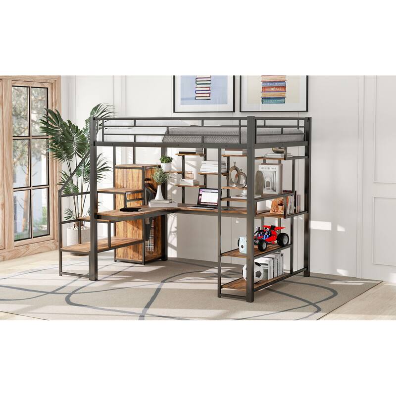 Full Size Metal Loft Bed with Built-In Desk, Storage Staircase, Small Wardrobe & 3-Tier Shelves