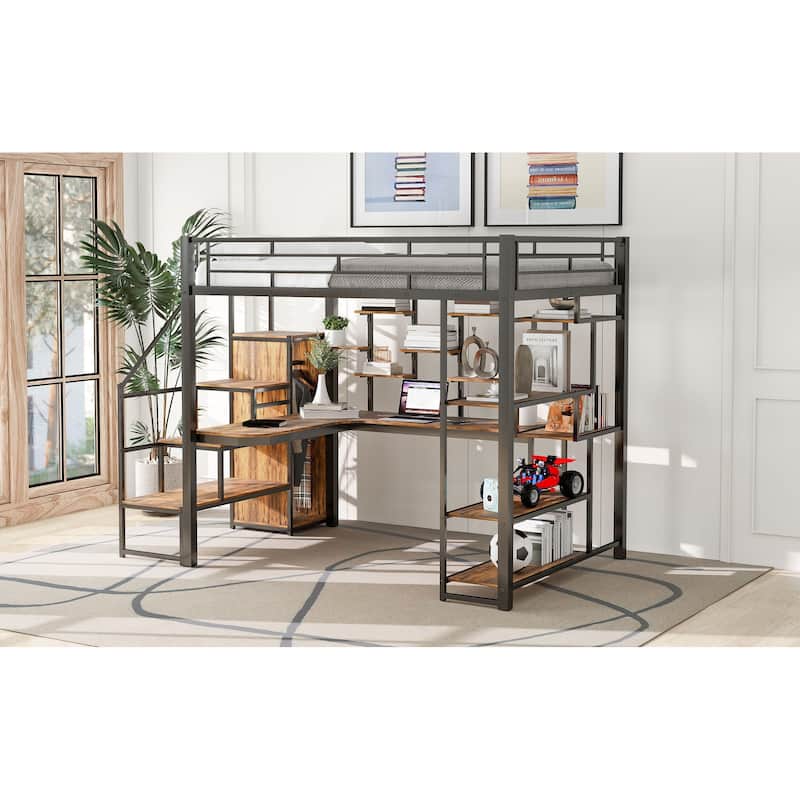 Roomfitters Full Size Metal Loft Bed with Wardrobe, Desk and Storage Staircase