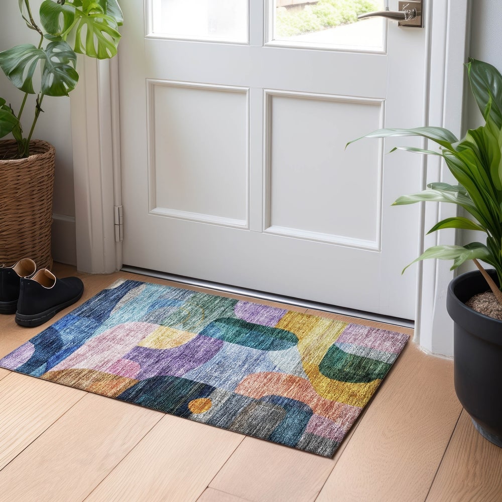 Machine Washable Indoor/ Outdoor Abstract Contemporary Chantille Rug