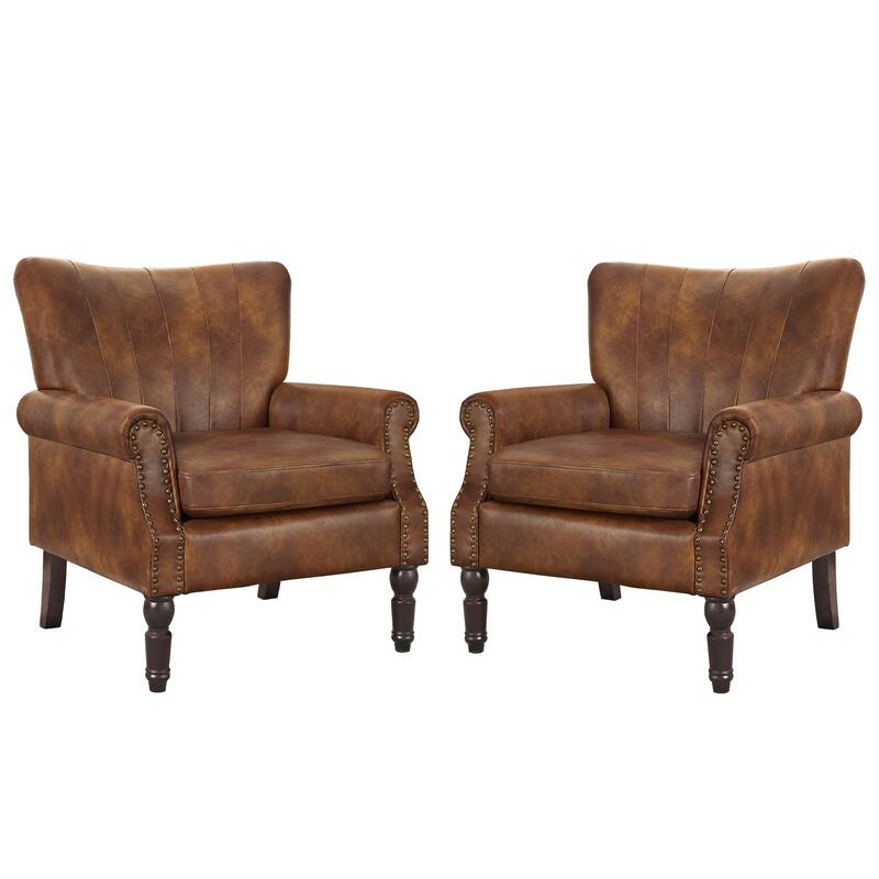 COZYMAN Modern Armchair Solid Wood Upholstered Fabric/Faux Leather Set of 2 Accent Chairs for Living Room