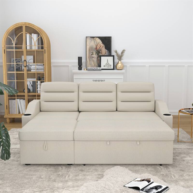 83.5" Polyester Convertible Combo Sofa w/ Storage Recliner and Holder - Beige